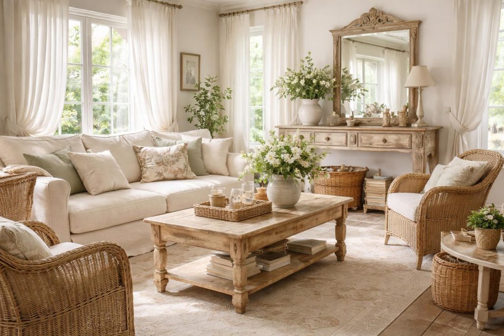 Adoptez le style champêtre français avec lin, rotin et meubles patinés pour un charme authentique