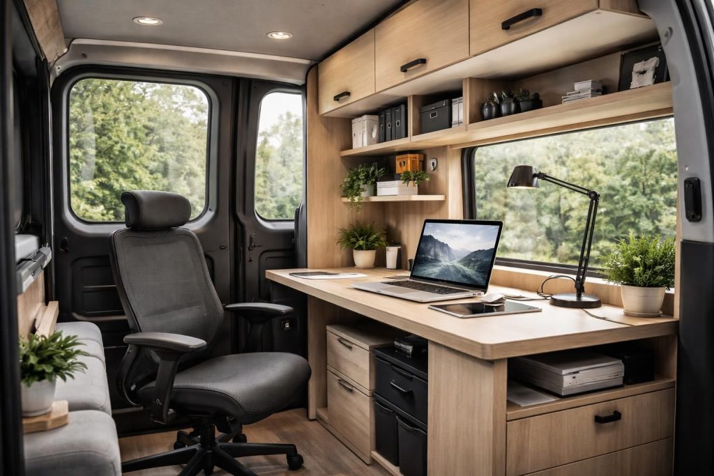 Espace de coworking mobile dans votre Mercedes Vito ou Renault Trafic aménagé bureau